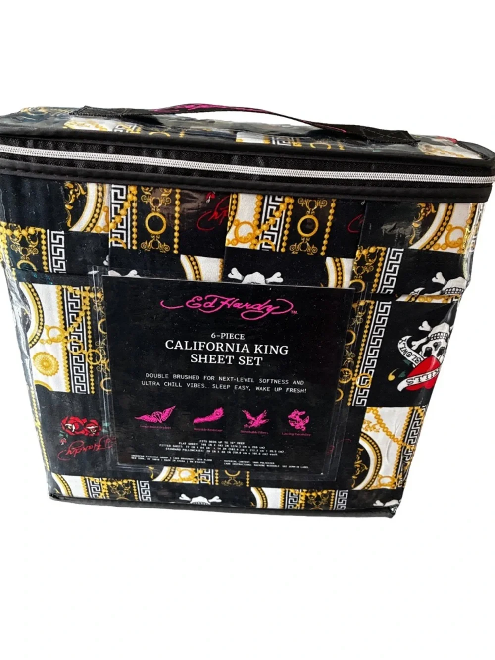 NWT Ed Hardy Cal King 6pc Sheet Set Love Kills Slowly Tiger Black Gold